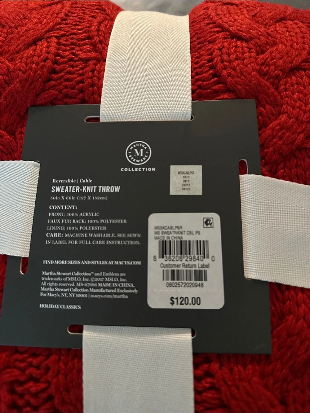 New! Martha Stewart Red Cable Knit Reversible Throw with Cream Sherpa